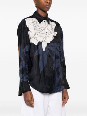 Navy blue viscose twill pajama-style shirt with contrasting all-over floral print.