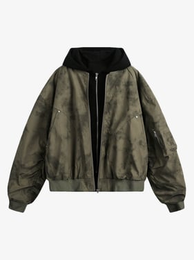 Patchwork Faux Two-Piece Gradient Hooded Bomber Jacket - Dark Green / XL