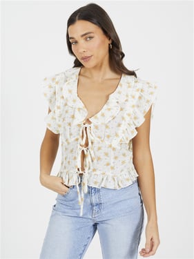 Brave Soul Tie Front Top - Cream Floral - XS