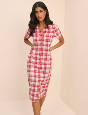 Red Checked Collared Alexandria Midi Shirt Dress