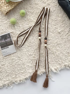 Linen Woven Belt With Fringes - Tan White