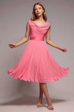 Goddiva Cowl Neck Pleated A-Line Chiffon Midi Dress - Coral