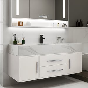 39.4" Floating Bathroom Vanity Wall Mounted White with Silver Handle Cultured Marble White Bathroom Cabinet with Sink