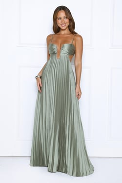 Just One More Look Satin Pleated Maxi Dress Sage