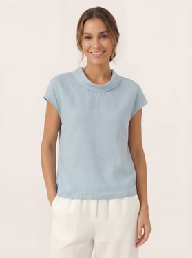 100% Linen Cap Sleeve Soft-Fold Collar Top YVONNE - Ice Blue / XXL