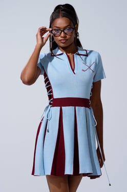 AKIRA Dreke Knit Mini Dress In Blue And | Burgundy | Size Medium