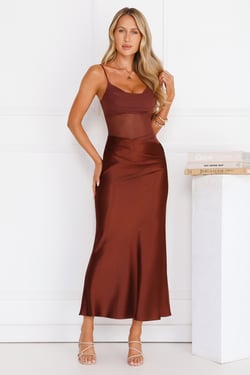 Rule The Glow Satin Mesh Maxi Dress Brown