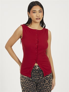 Brave Soul Rib Button Vest Top - Red - XS