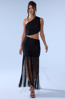 AKIRA Fallon Fringe Mini / Maxi Dress | Black | Size 2X