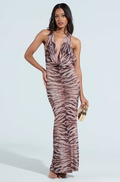 AKIRA Fierce Zebra Maxi Dress | Brown | Size Large