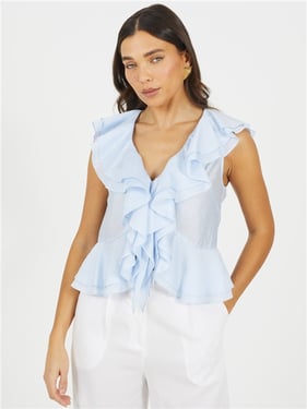 Brave Soul Frill Button Top - Baby Blue - XS