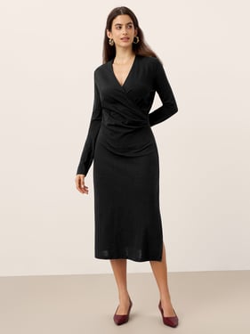 Crossover V-Neck Wrap Stretch Midi Dress MARNIE - Charcoal Black / XXL
