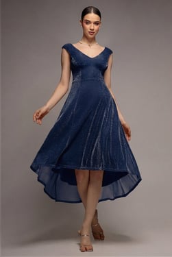 Goddiva Off The Shoulder Lurex High Low Dress - Navy