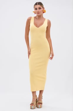 AKIRA Between The Lines Midi Dress In Yellow | Size Large