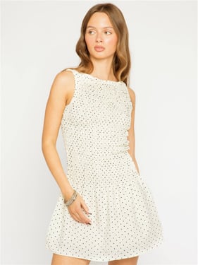 Daisy Street Polka Dot Ruched Bodice Mini Dress - Cream / Black - XS