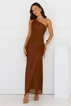 Satin Statement One Shoulder Maxi Dress Brown