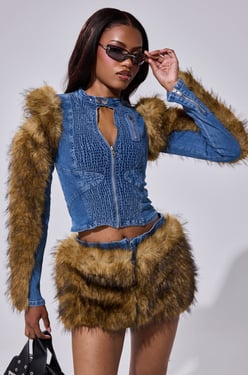 AKIRA Kendra Fur Trim Denim Top | Size Medium