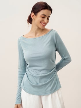 Wool Side Ruched Boat Neck Stretch Top VIVIEN - Aqua Blue / XXL