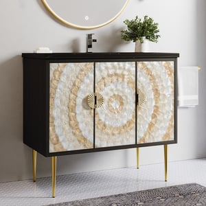 40" Black Freestanding Bathroom Vanity Set White & Brown Mother of Pearl with 3 Doors