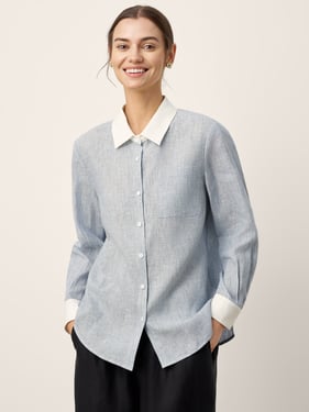 100% Linen Striped Patchwork Pleat Shirt THEA - Blue Pinstripe / XXL