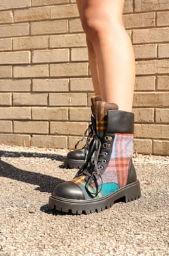 AKIRA Azalea Wang Caliban Multi Plaid Combat Bootie | Black | Size 8