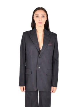 Navy blue virgin wool blend suit with pink pinstripe, single-breasted blazer and palazzo trousers.
