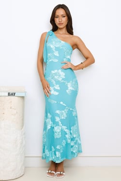 Glossy Girl One Shoulder Mesh Maxi Dress Aqua