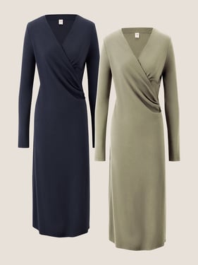 Crossover V-Neck Wrap Stretch Midi Dress MARNIE - Navy Blue/Muted Sage / XXL
