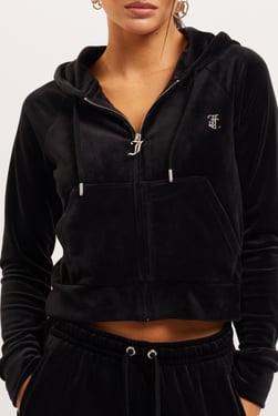 BLACK DIAMANTÉ VELOUR ZIP-THROUGH HOODIE - Tall (XL) / Black