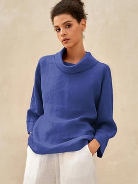 100% Linen Dropped Collar Long-Sleeve Top TRISTAN - Royal Blue / S