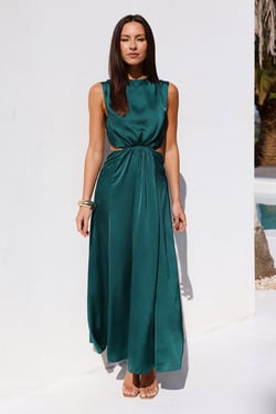 Rendezvous In Paris Satin Midi Dress Green
