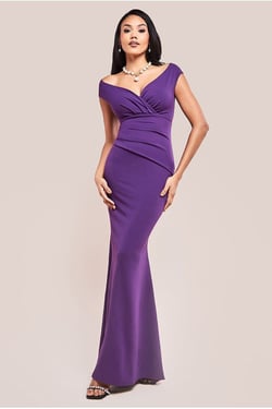 Goddiva Bardot Pleated Maxi Dress - Purple