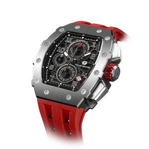 TSAR BOMBA Men's Affordable Luxury Quartz Watch | Silver Red | Tonneau Case | Seiko Quartz Movement | 5ATM Waterproof Silicone Strap | Elemental TB8204Q