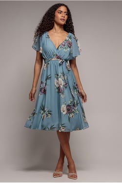 Goddiva Floral Printed Flutter Sleeve Chiffon Midi Dress - Airforce Blue