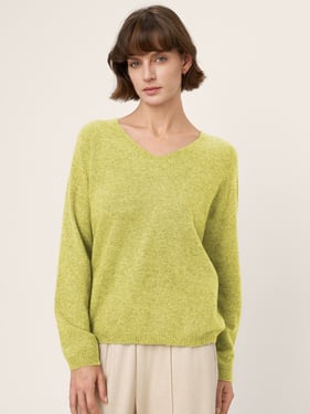 Mongolian Cashmere & Mulberry Silk Seamless Ribbed Trim V-Neck Sweater TESSA - Bergamot Yellow / L