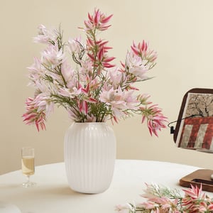 Pink Artificial Flowers in White Ribbed Vase Elegant Faux Floral Arrangement for Home Art Decor