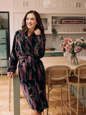 Womens Velvet Dressing Gown Robe Black Wisteria - XXXL / Black