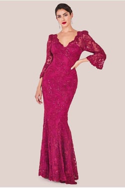 Goddiva Scalloped Lace Maxi Dress - Burgundy