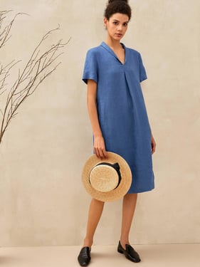 100% Linen Shawl V-Neck Midi Dress CLEO - Royal Blue / XXL