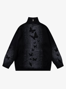Street Dark Phantom Butterfly Stand-Collar Knit Cardigan Sweater - Black / XL