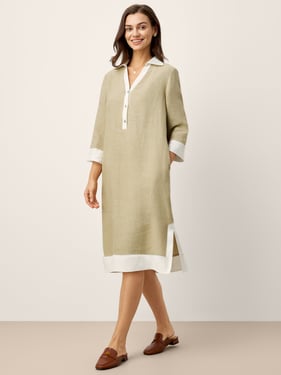 100% Linen Contrast Panel V-neck Layered Lapel Midi Shirt Dress PERSEPHONE - Sage Khaki / XXL