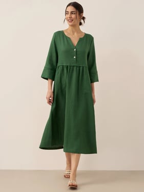 100% Linen Loose Fit Button Waist Gathered Maxi Dress LUNA - Olive / XXL