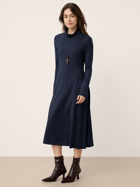 Wool Sculpted Pleats Turtleneck Maxi Dress BRIAR - Navy Blue / XXL
