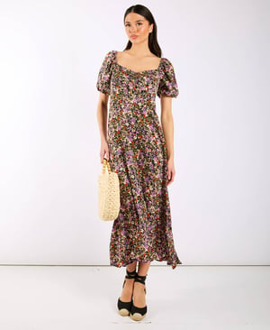 Purple Floral Sweetheart Neck Midi Dress - 18