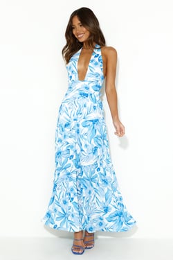Tropical Island Halter Maxi Dress Blue