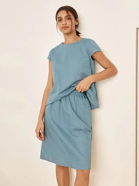 Linen Blend Cap Sleeve Top And Pencil Skirt Set VEDA - Powder Blue / XXL