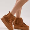 AKIRA Faux Suede Fringe Bootie | Brown | Size 10