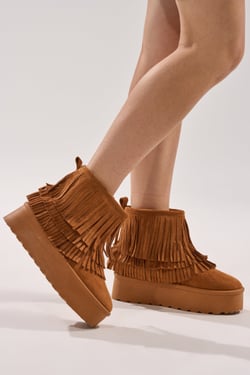 AKIRA Faux Suede Fringe Bootie | Brown | Size 11