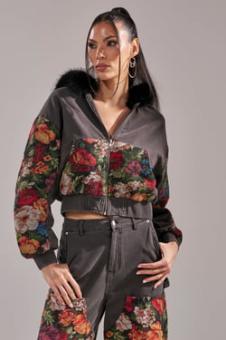 AKIRA Try Me Floral Denim Zip Up Sweatshirt | Black | Size 1X