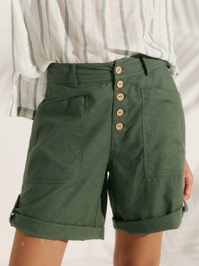 Linen Button-Fly Quarter Shorts LUCY - Olive Green / XL